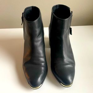 Cole Haan — Black leather boots with gold toe detail. 8.